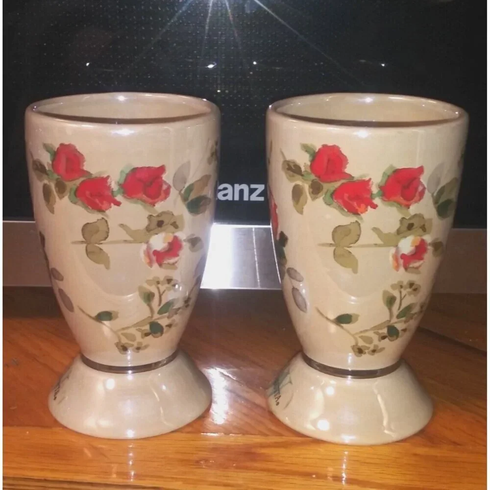 2 Lenox Bathroom Tumblers Wamsutta Springs Floral glazed Ceramic taupe beige